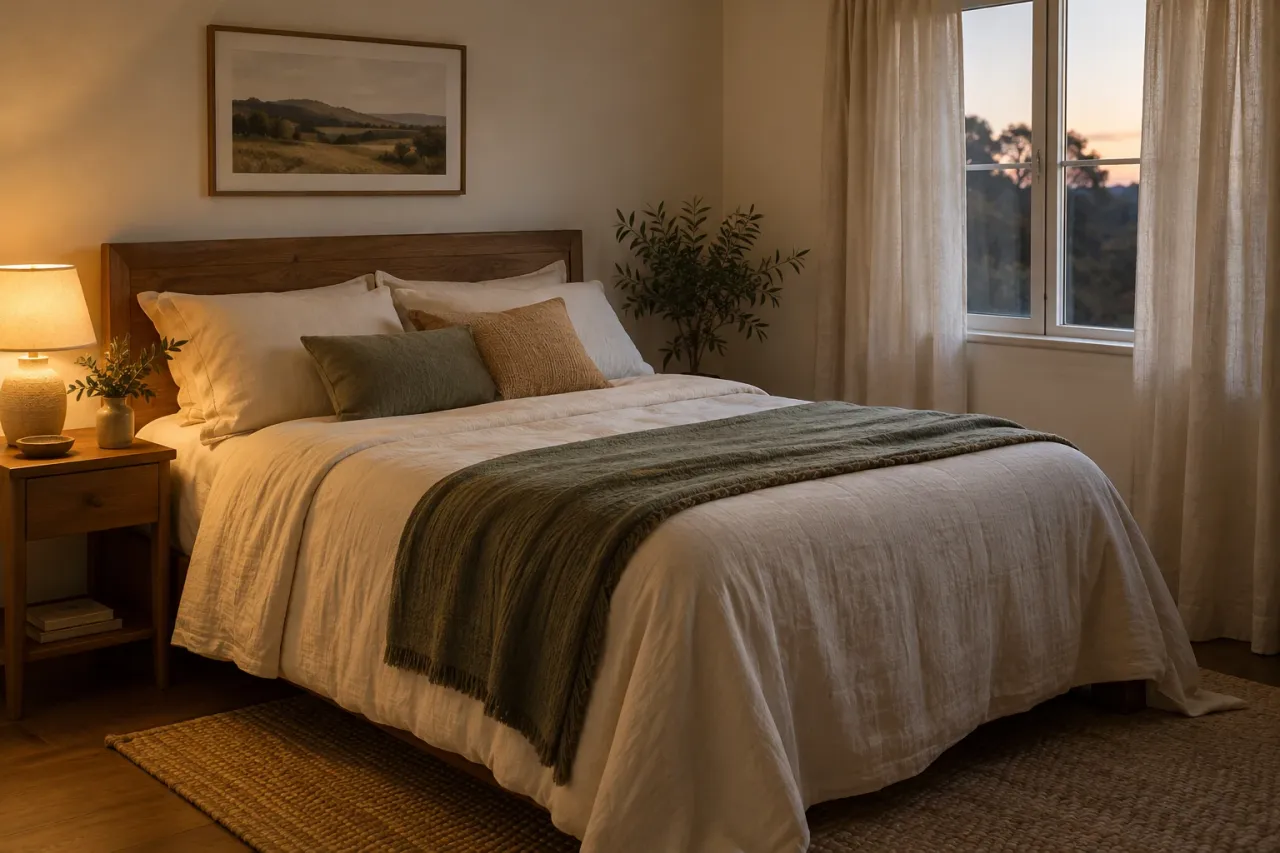 Dormitorio acogedor con cama doble hecha, lámpara encendida y luz tenue al atardecer