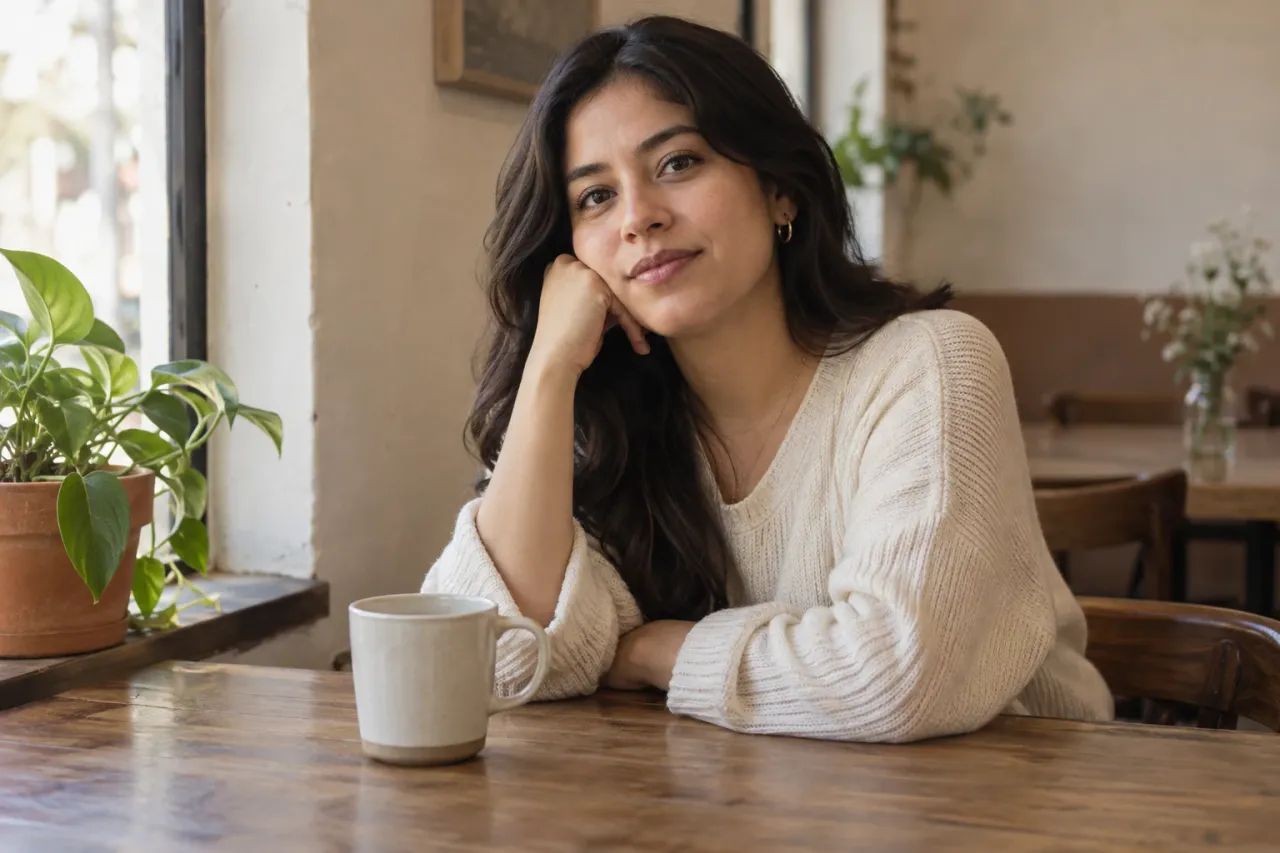 Mujer joven sentada en café mirando a cámara, taza y planta junto a ella
