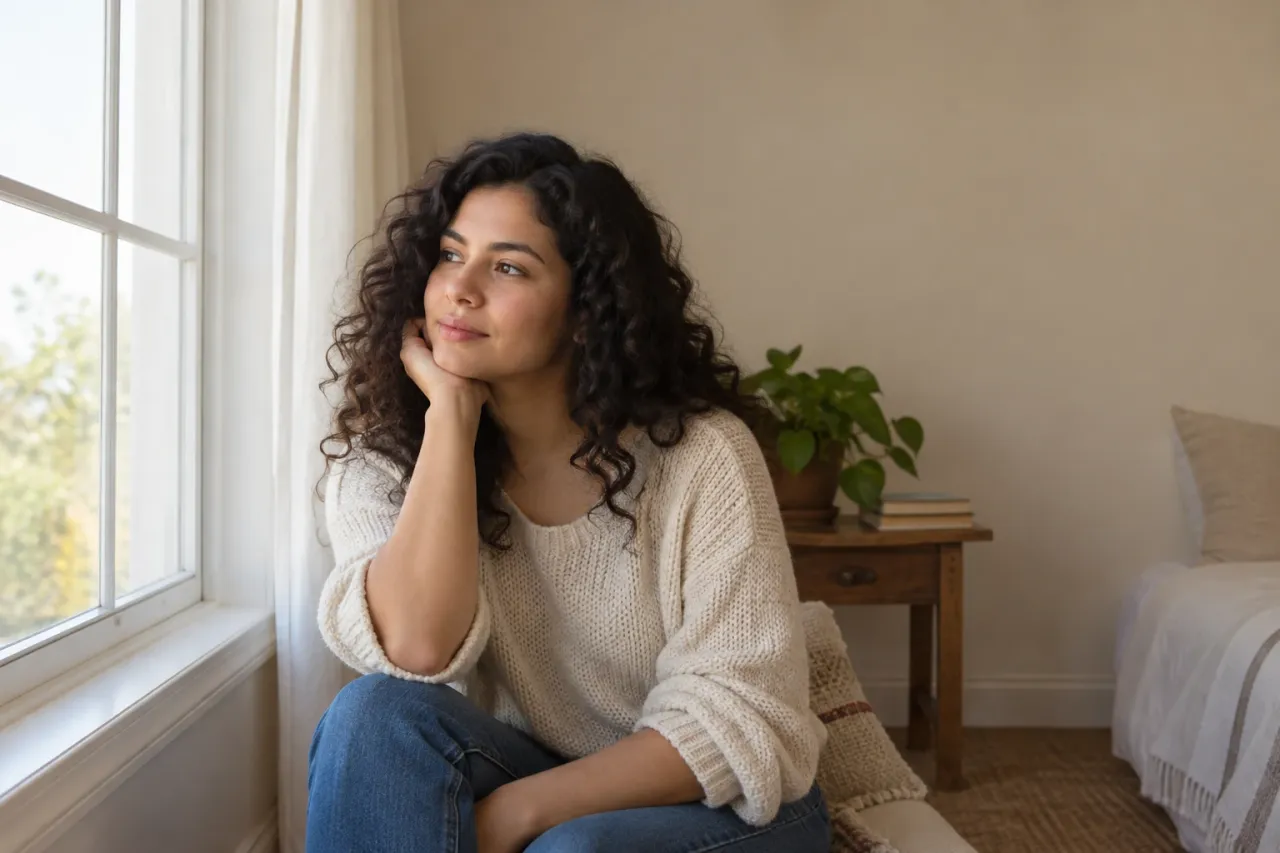 Mujer con cabello rizado natural mirando por ventana, luz suave y ambiente cálido
