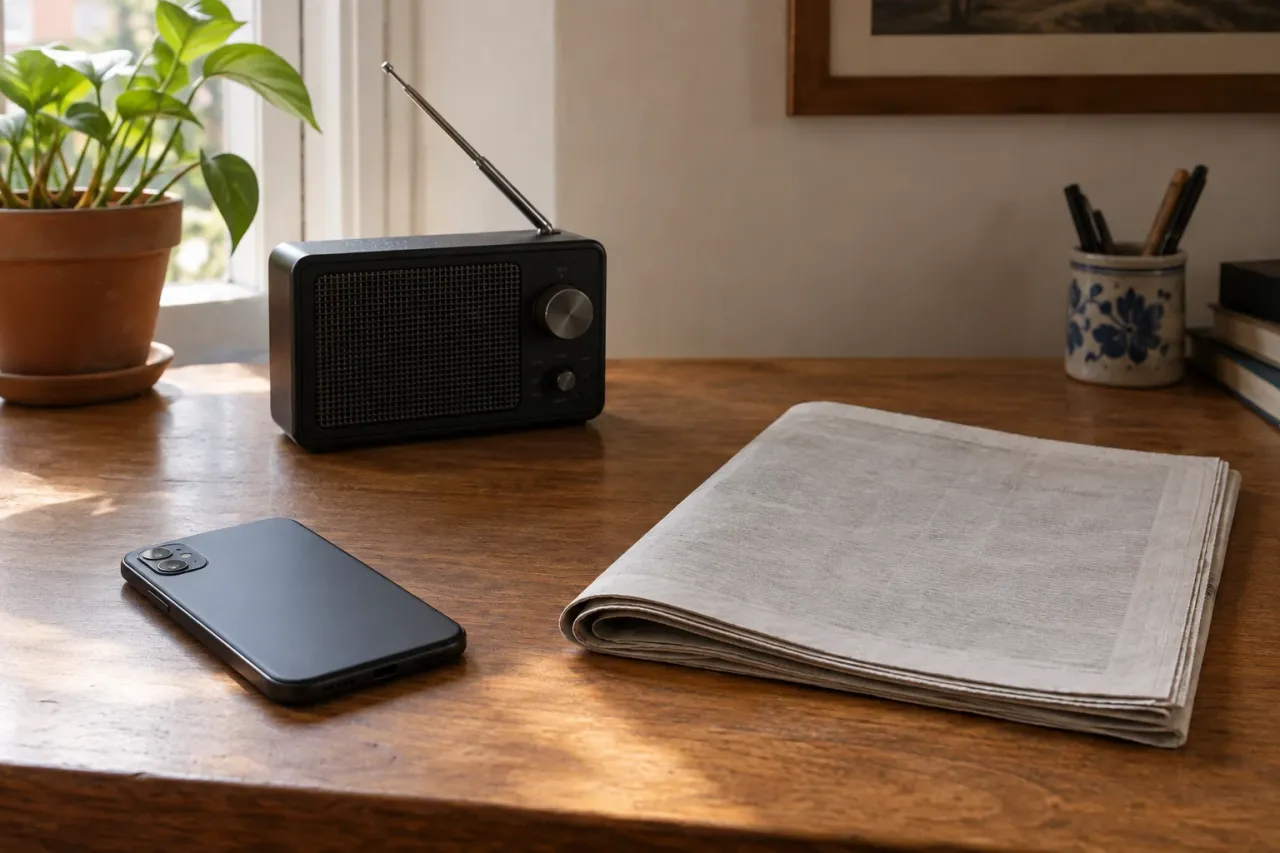 Radio portátil junto a periódico doblado y smartphone sobre mesa de madera iluminada por ventana
