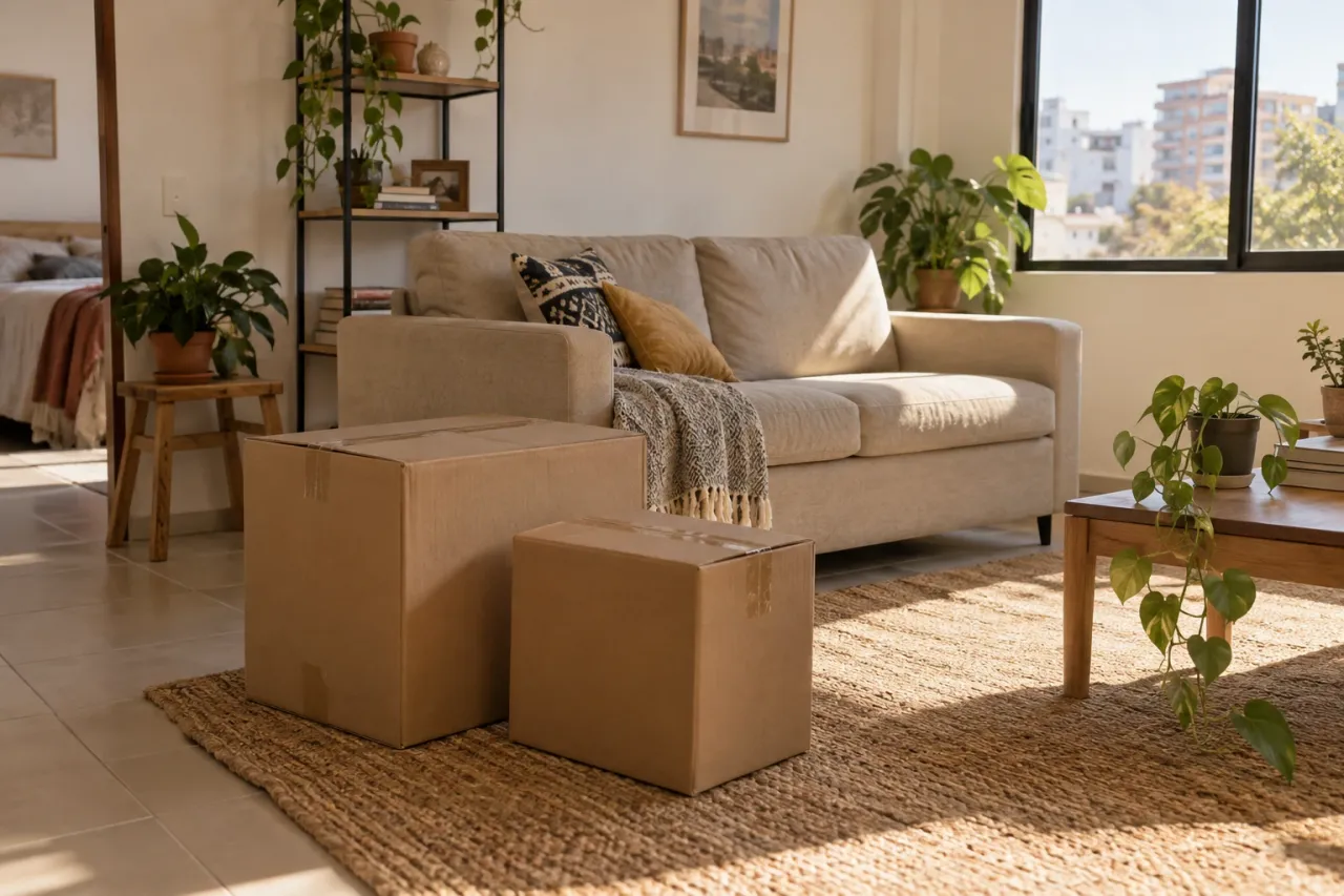 Sala luminosa con sofá, cojines y cajas de cartón sobre alfombra tejida