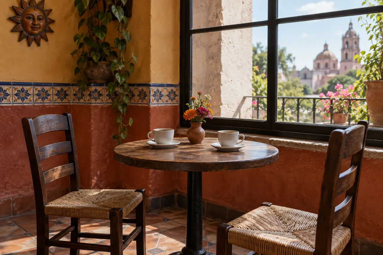 Mesa pequeña junto a ventana con dos tazas de café y flores en jarra